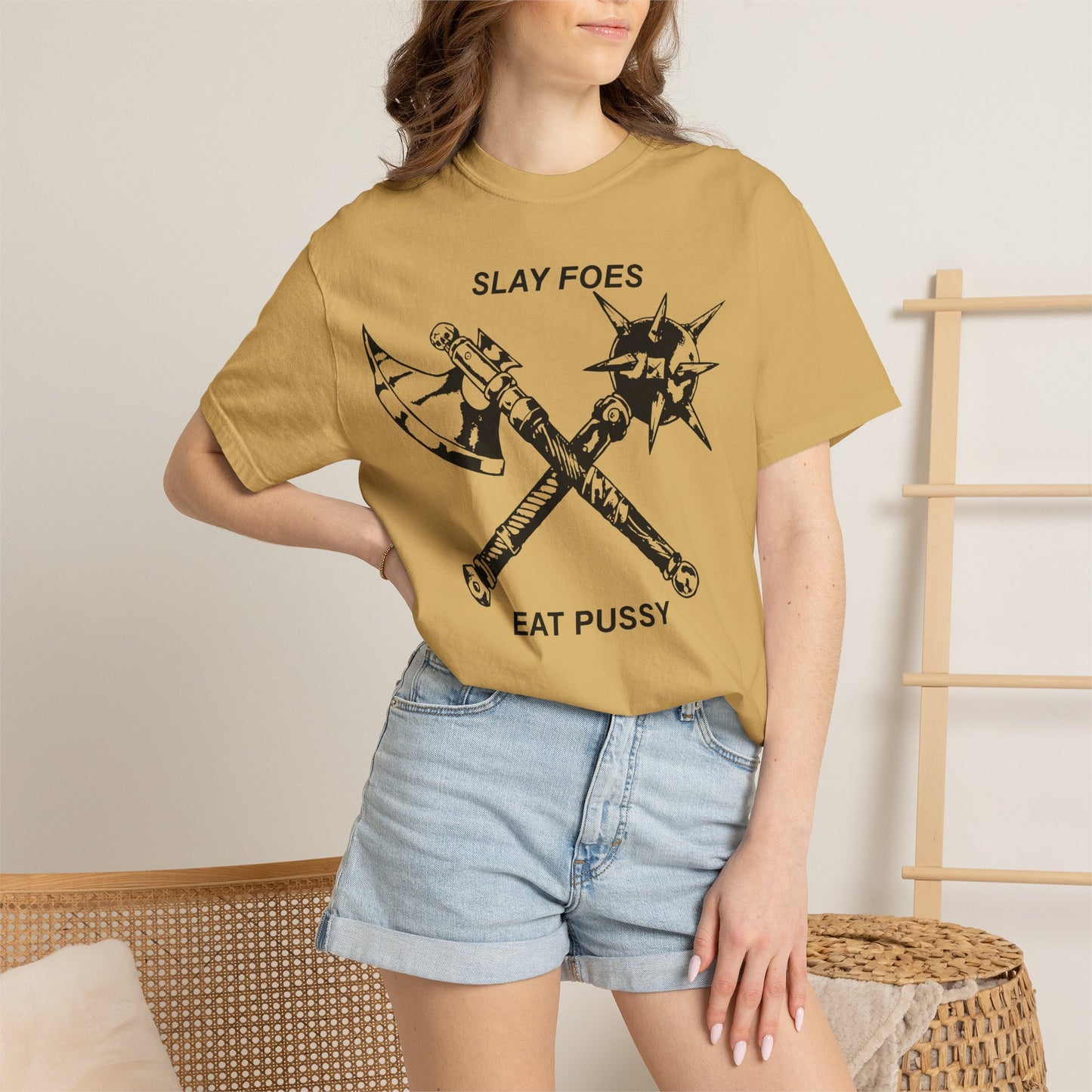 Graphic T-Shirt — "Slay Foes Eat Pussy" Crossed Axe & Mace Illustration