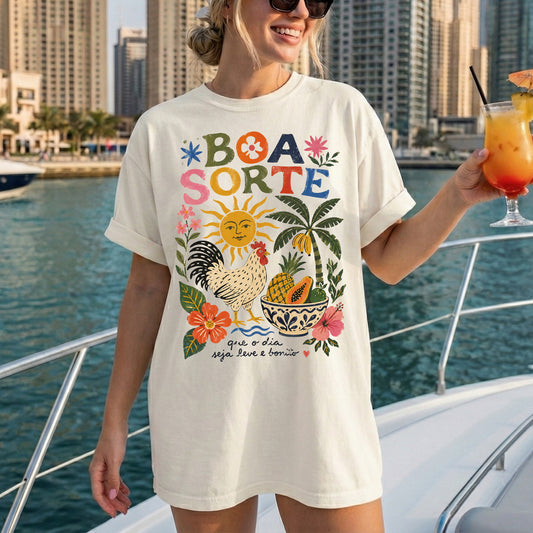Boa Sorte Comfort Colors Tshirt, Rio de Janeiro, Portuguese Good Luck Shirt, Tropical Folk Art Tee, Boho Sun Rooster Shirt, Brazilian Inspired Summer Top