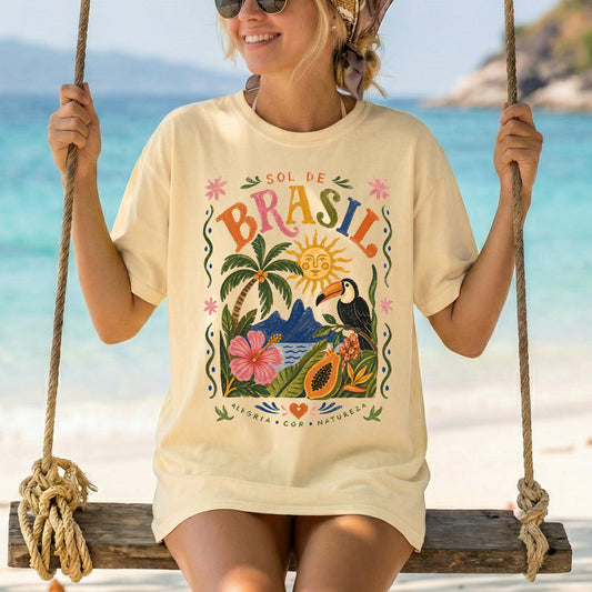 Sol de Brasil Comfort Colors Tshirt, Brazil Travel Poster Tee, Tropical Toucan Shirt, Brazilian Folk Art Top, Boho Summer Vacation Tshirt