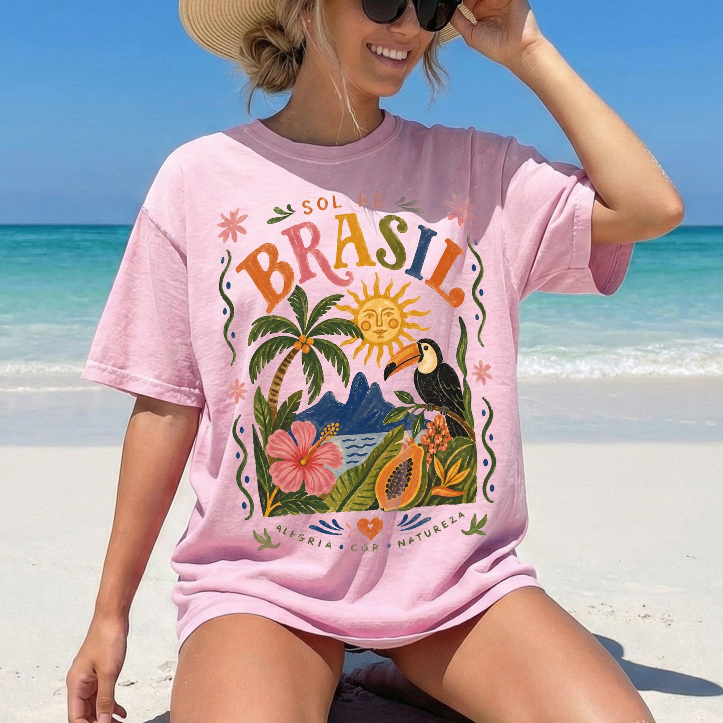 Sol de Brasil Comfort Colors Tshirt, Brazil Travel Poster Tee, Tropical Toucan Shirt, Brazilian Folk Art Top, Boho Summer Vacation Tshirt
