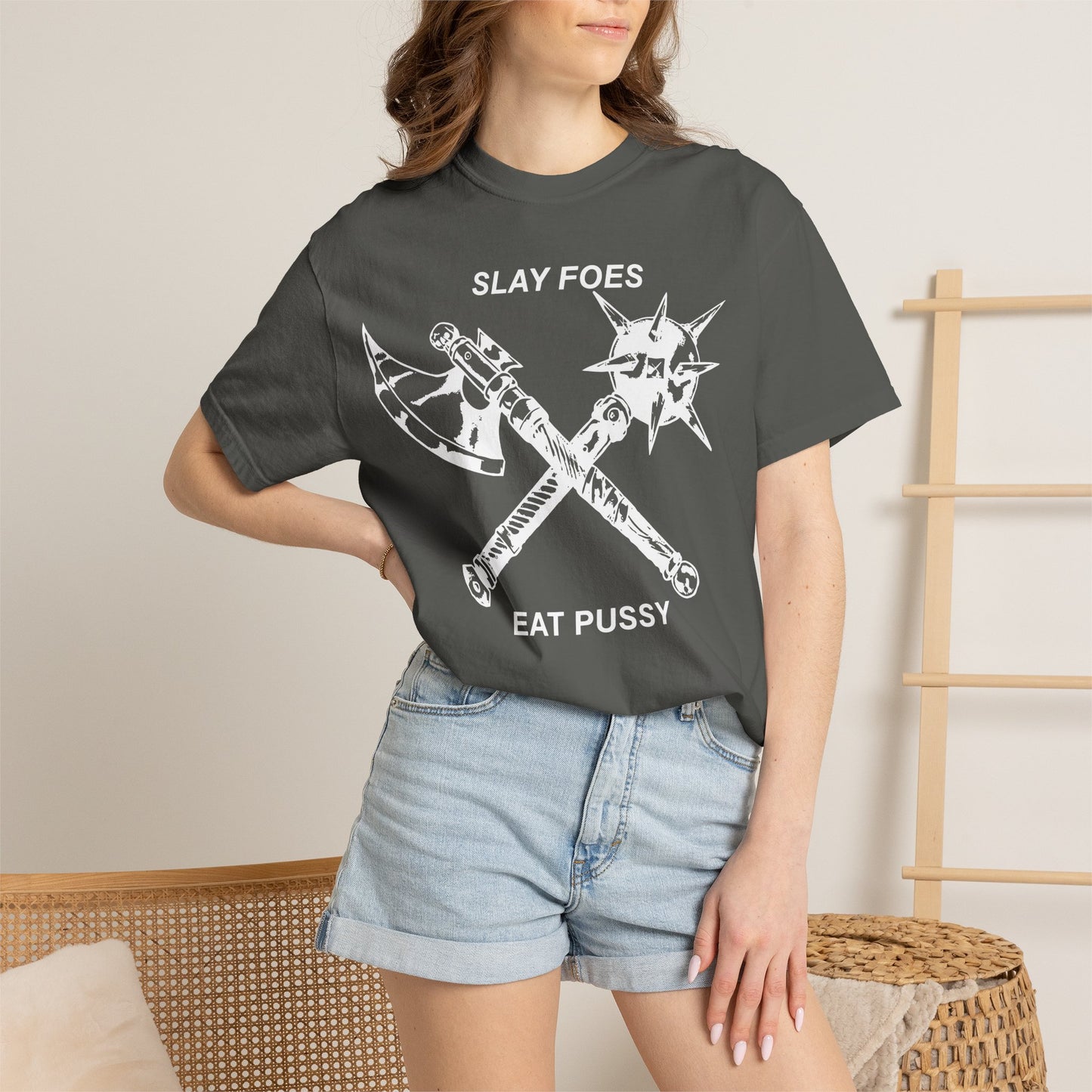 Graphic T-Shirt — "Slay Foes Eat Pussy" Crossed Axe & Mace Illustration